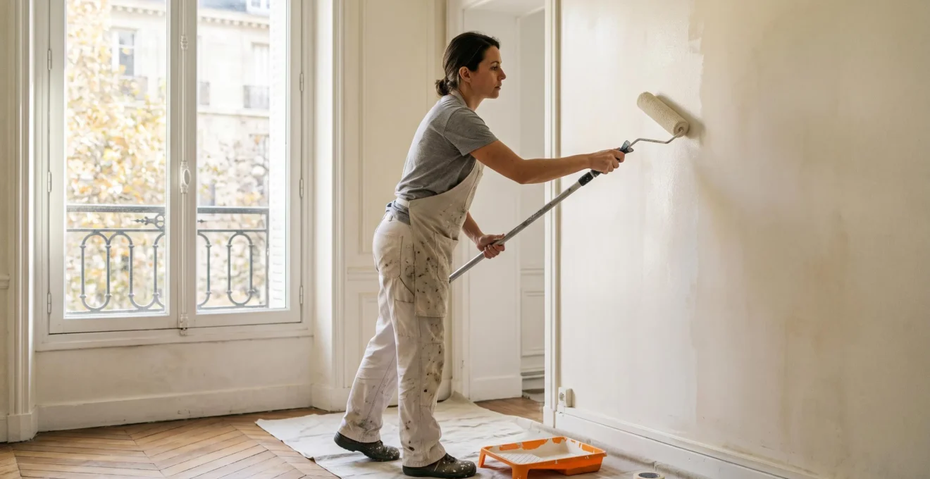 Artisan peintre appliquant de la peinture au rouleau sur un mur intérieur