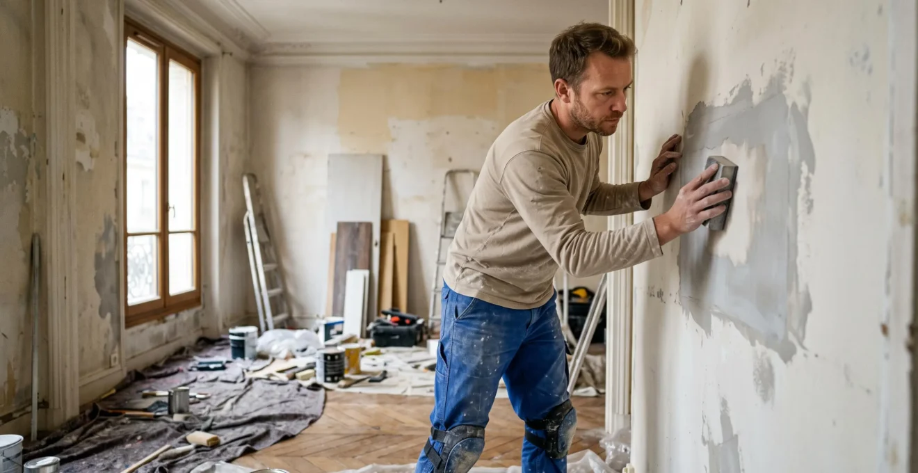 Artisan peintre préparant un mur par ponçage dans une pièce en rénovation