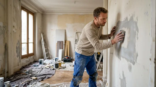 Artisan peintre préparant un mur par ponçage dans une pièce en rénovation