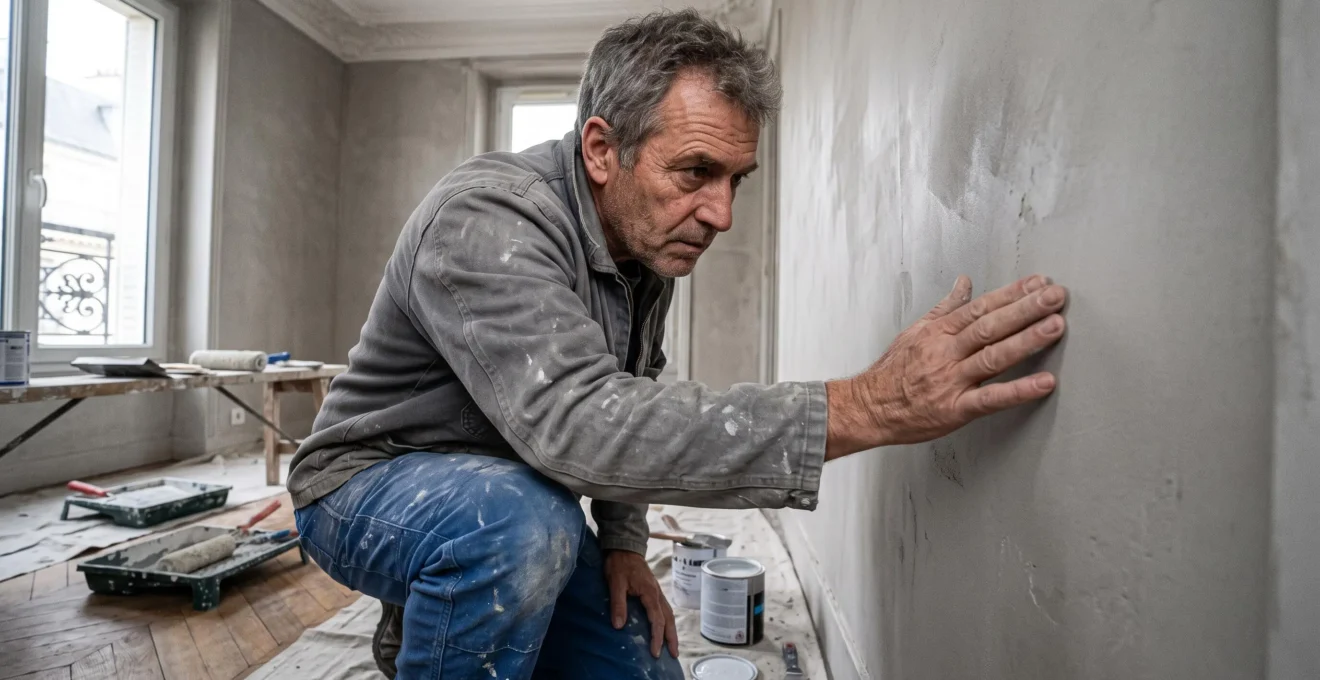 Peintre professionnel accroupi inspectant la qualité de la préparation d'un mur